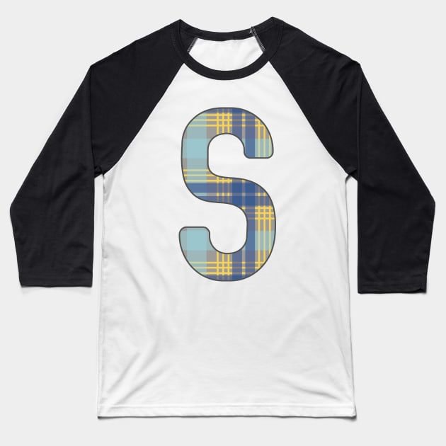 Monogram Letter S, Blue, Yellow and Grey Scottish Tartan Style Typography Design Baseball T-Shirt by MacPean